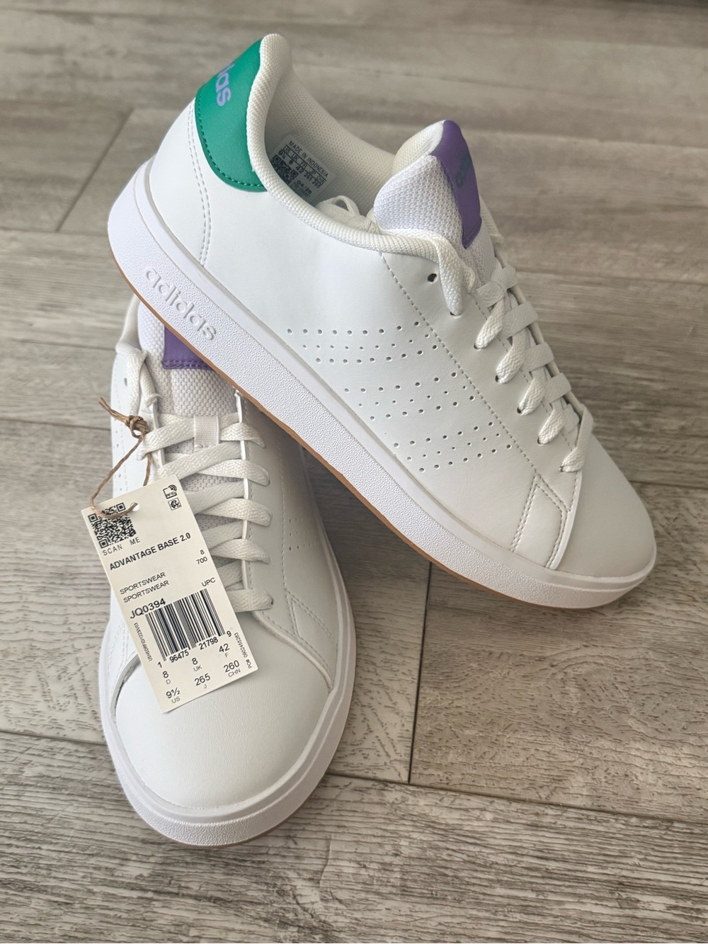 Adidas Advantage Base 2.0 White Green Purple Sneakers Women’s 9.5 NWT
